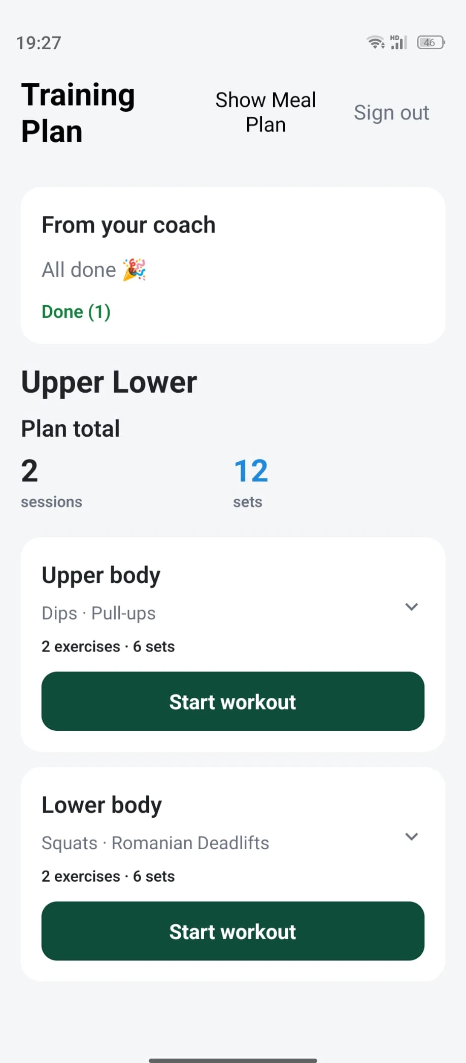 Client view in CoachIn1 showing notes from the coach above the training plan