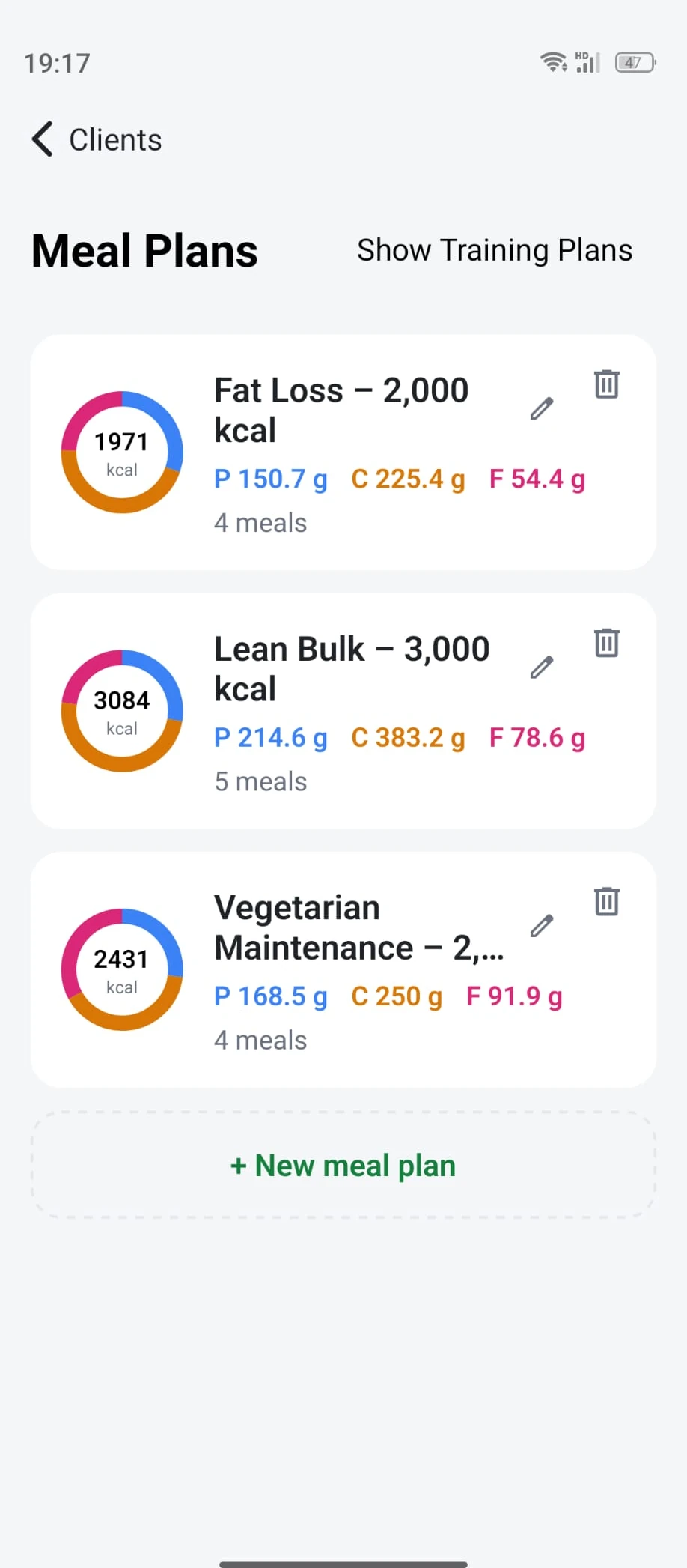 CoachIn1 meal plan list with calories, protein, carbs and fat per plan