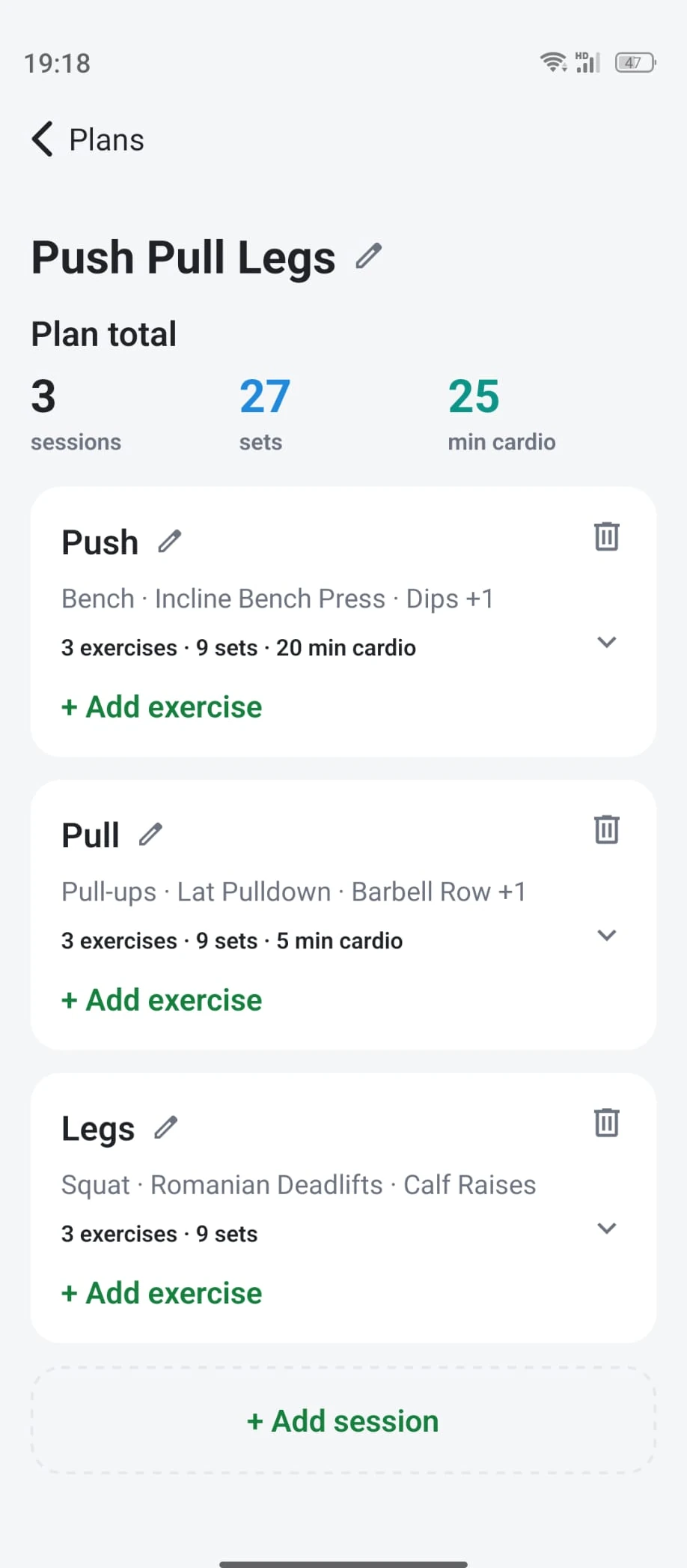 CoachIn1 training plan with push, pull and legs sessions, sets and cardio